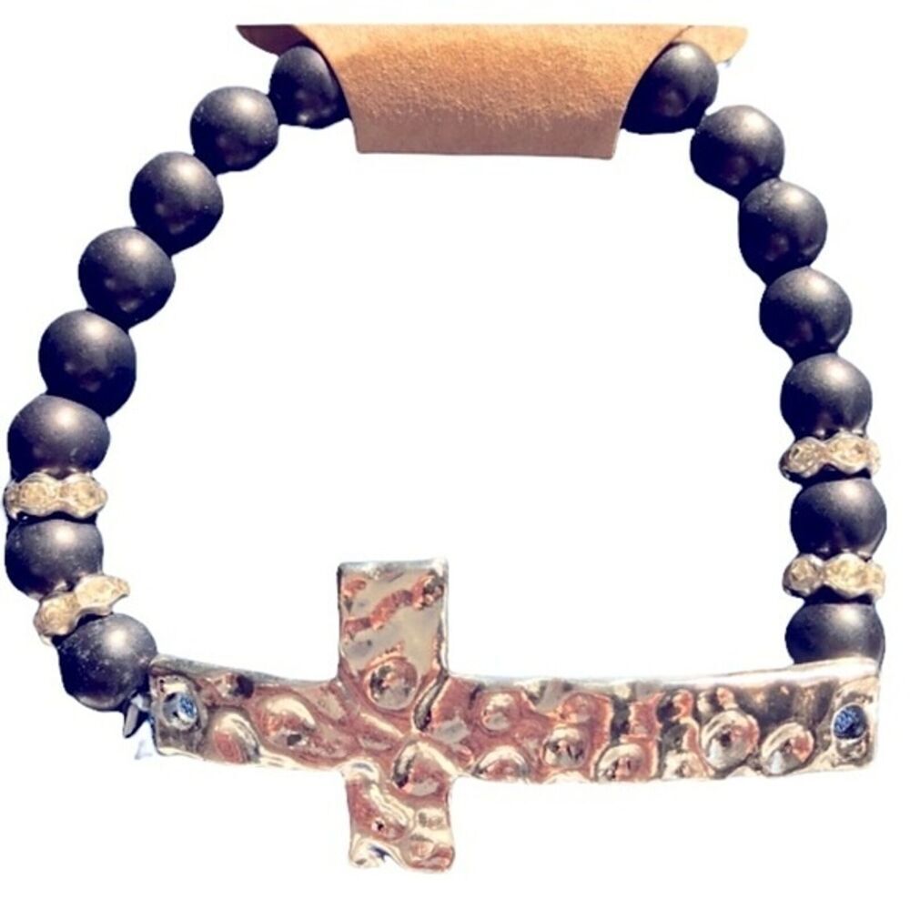 Black Stone Silver Cross Stretch Bracelet New With Tags